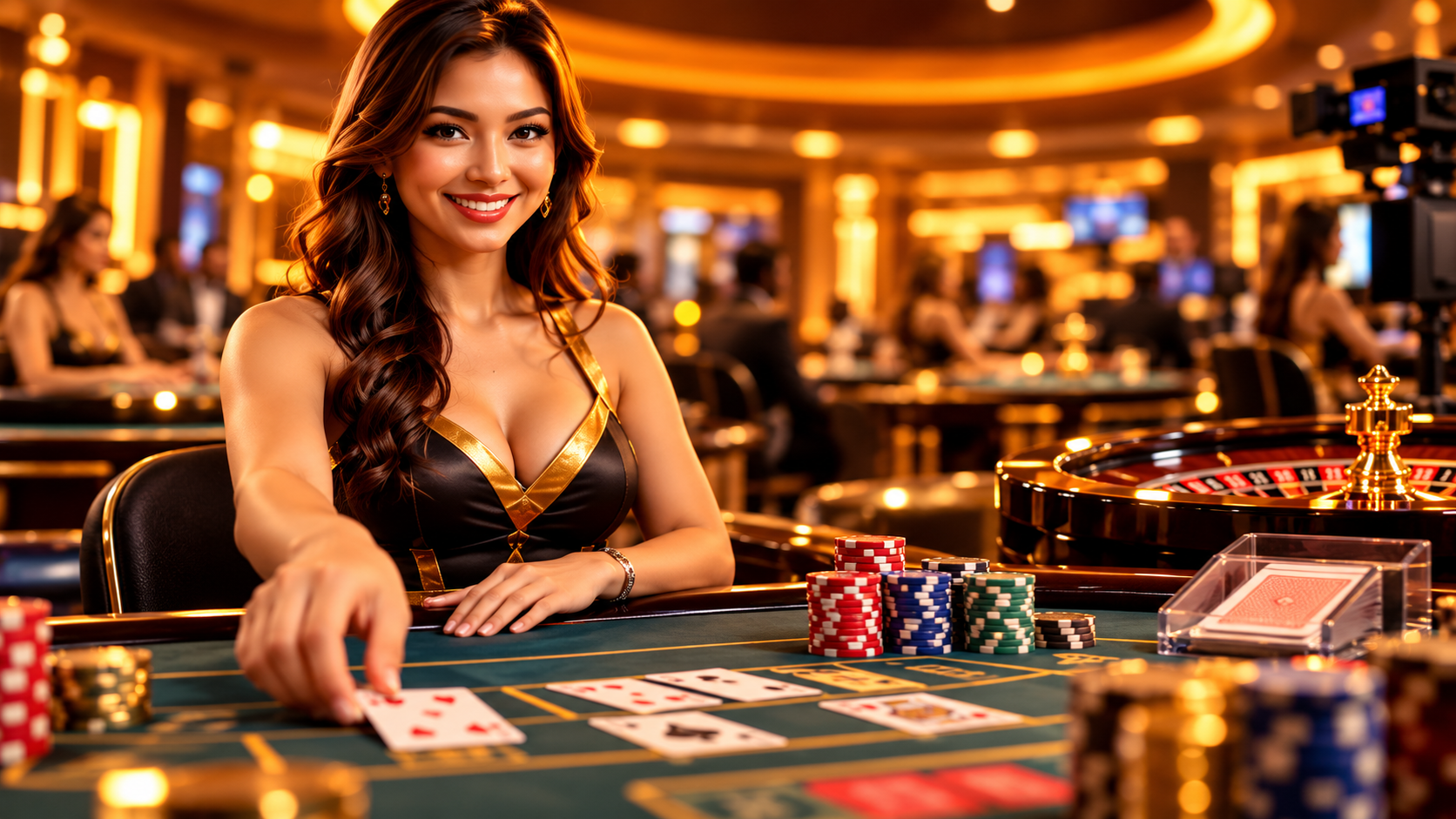 Live dealer casino table with cards and gaming chips